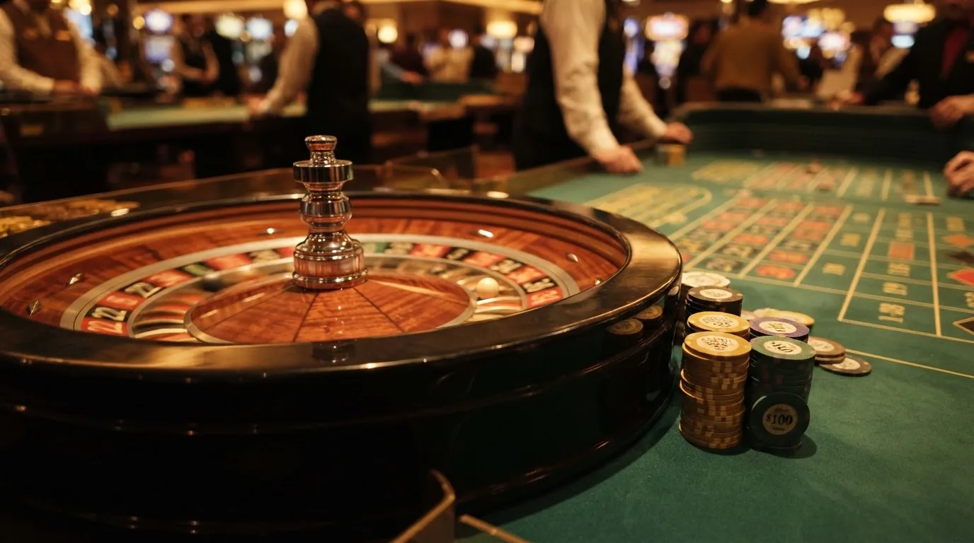 Rulettehjul og sjetonger på grønn filt i varmt kveldslys — 10 kr casinoer i norge
