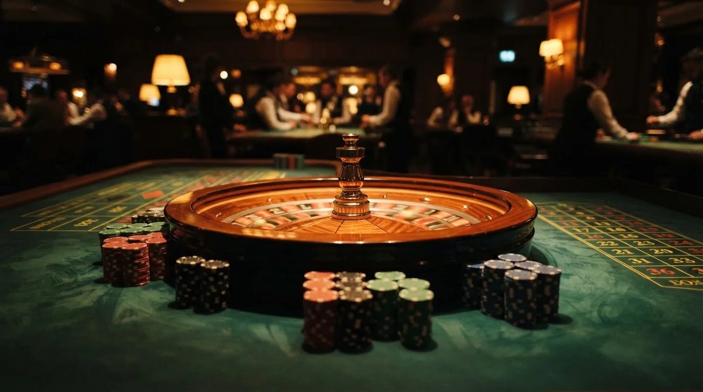 Rulettehjul og sjetonger på grønn filt i varmt kveldslys — 100 kr casinoer i norge