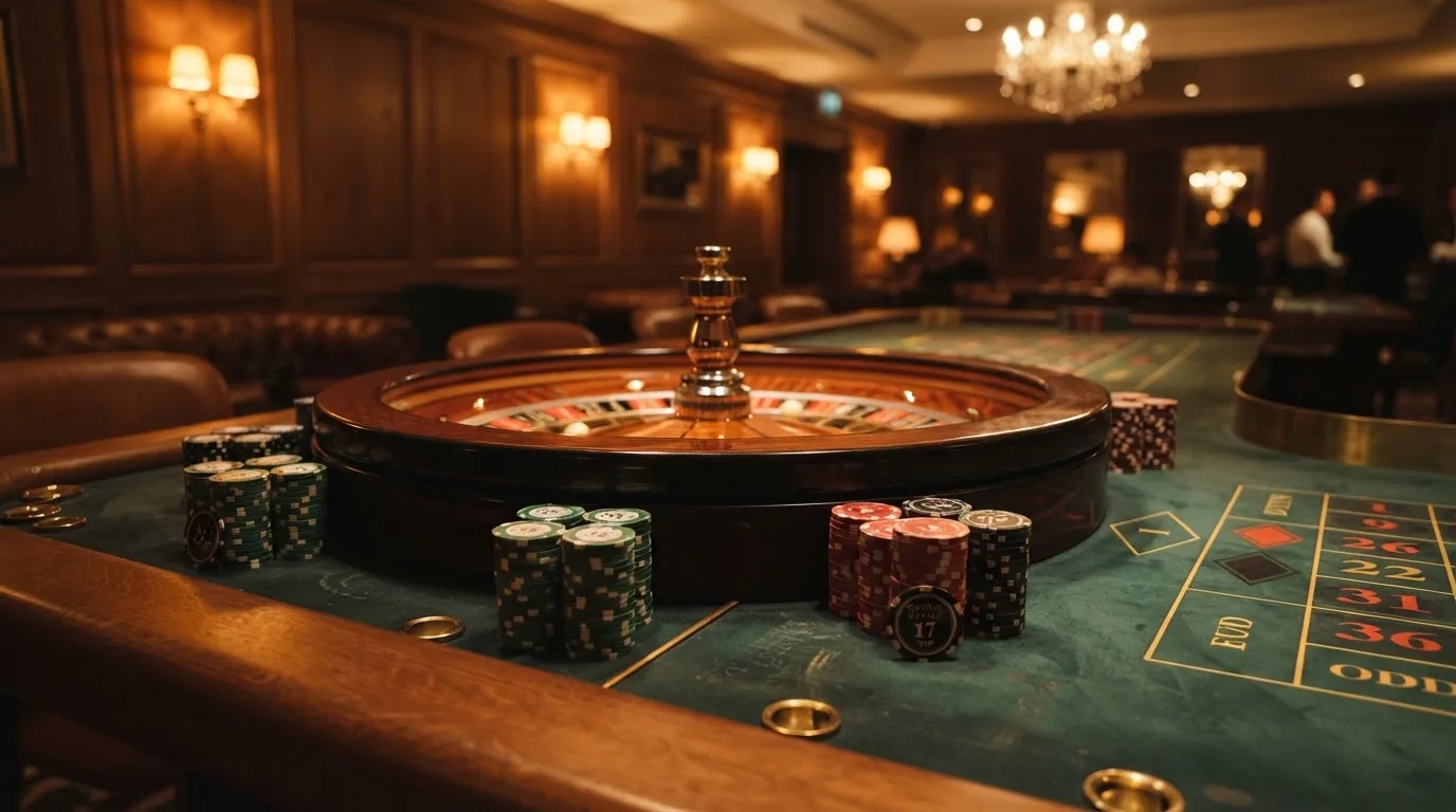 Rulettehjul og sjetonger på grønn filt i varmt kveldslys — 20 kr casinoer i norge