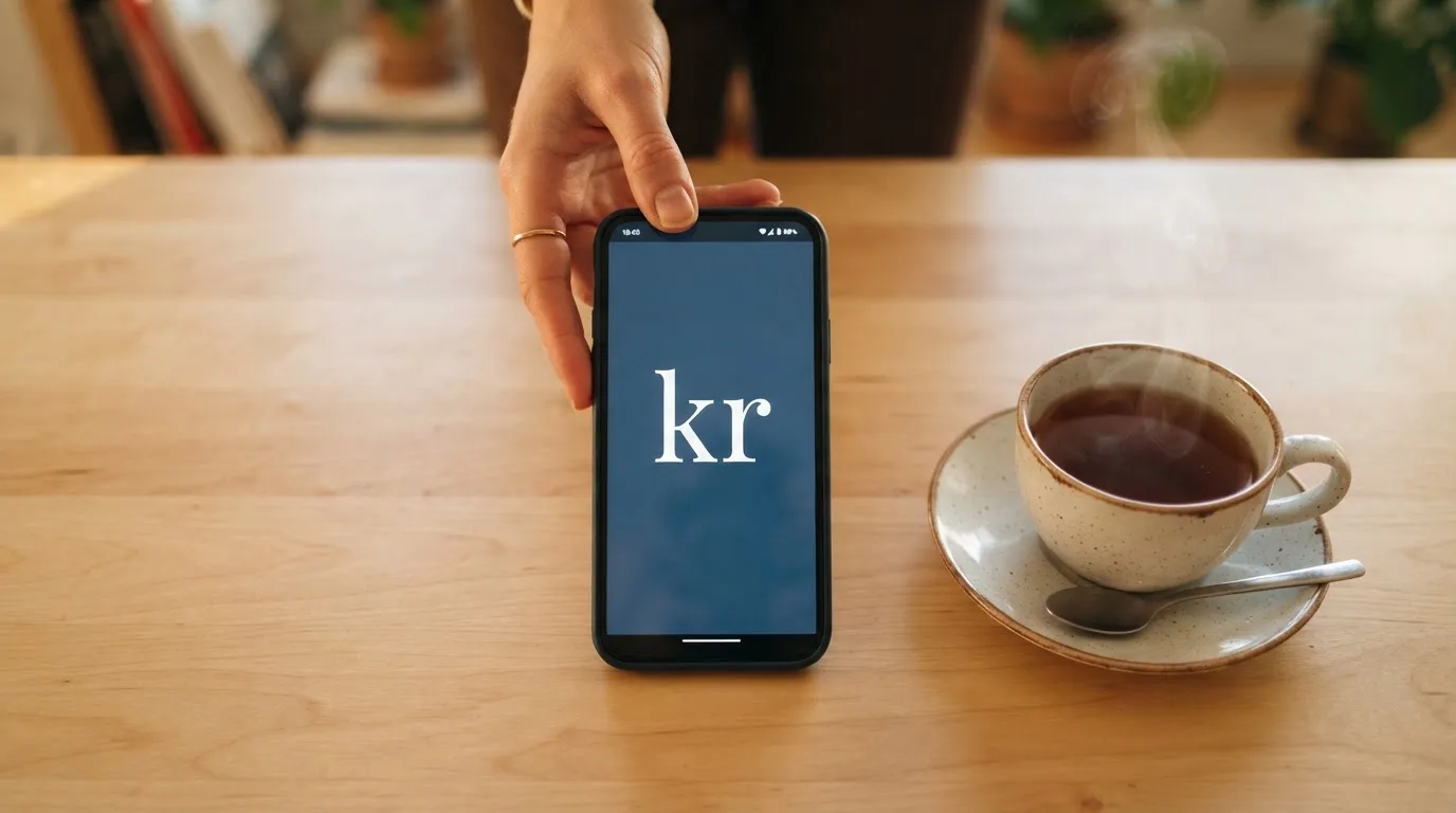 Hånd holder en mobiltelefon ved siden av en kopp te ved et kjøkkenbord en rolig kveld — alle kasinoer i norge