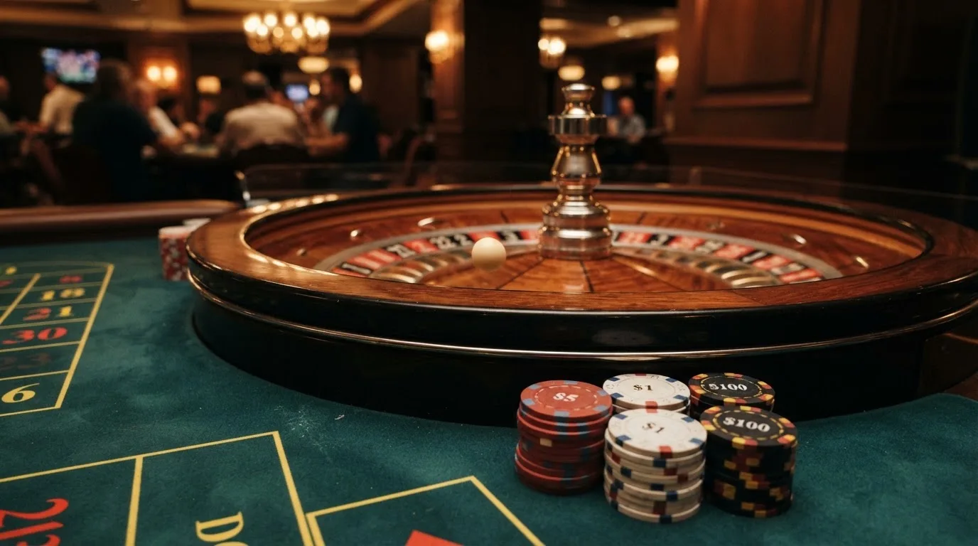 Rulettehjul og sjetonger på grønn filt i varmt kveldslys — anmeldelser av norske casinoer
