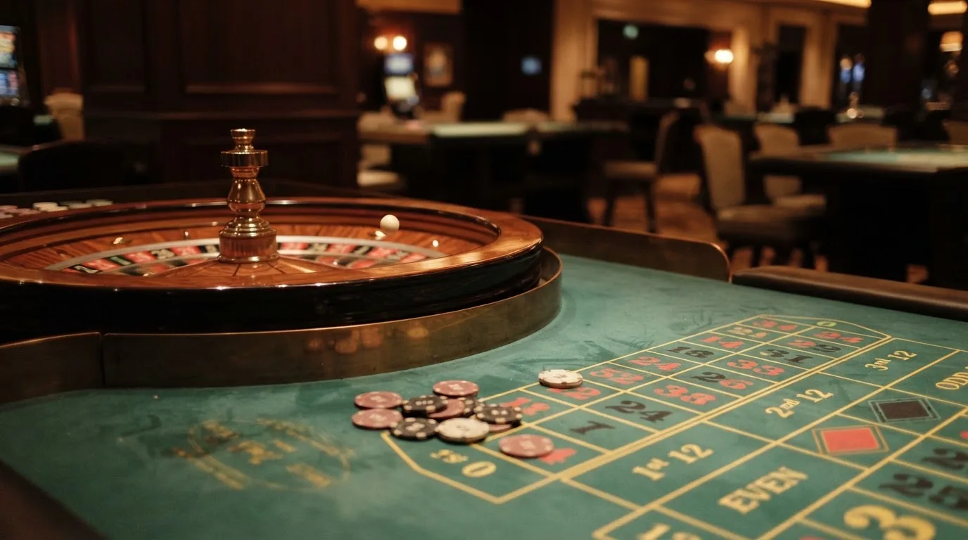 Rulettehjul og sjetonger på grønn filt i varmt kveldslys — beste blackjack i norge
