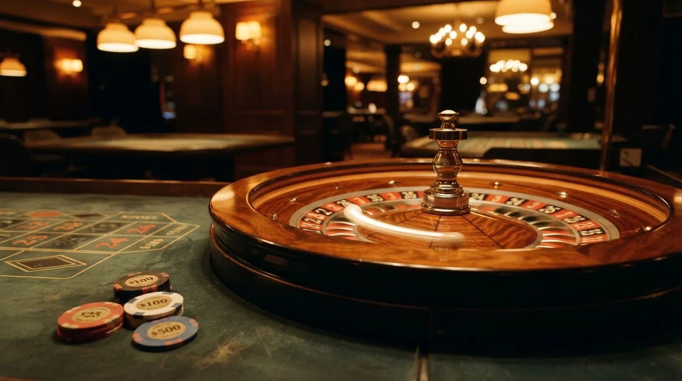 Rulettehjul og sjetonger på grønn filt i varmt kveldslys — beste bonuser på norske casinoer