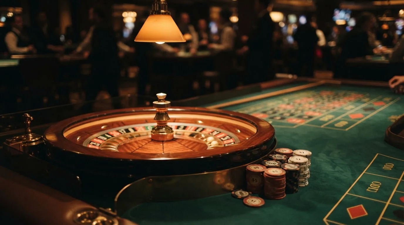 Rulettehjul og sjetonger på grønn filt i varmt kveldslys — beste casino spilleautomater