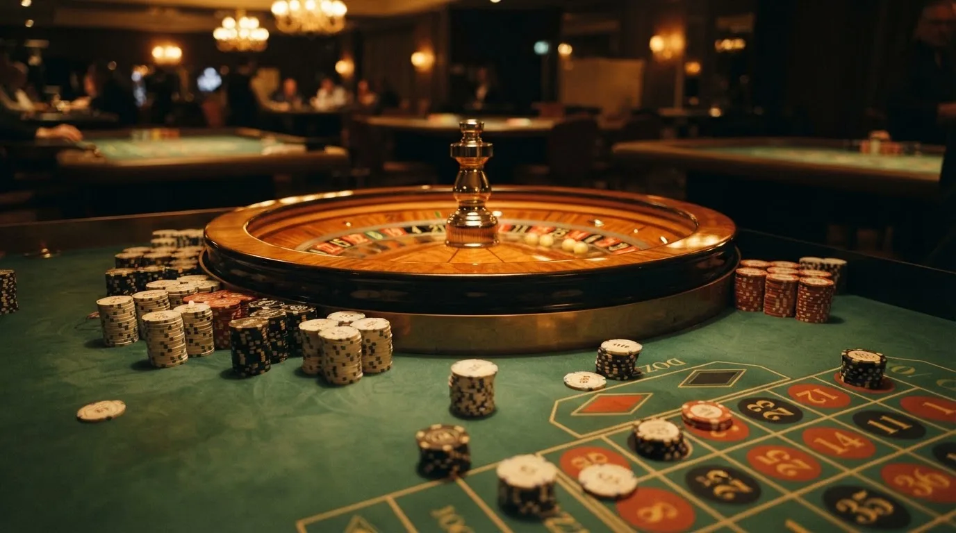 Rulettehjul og sjetonger på grønn filt i varmt kveldslys — beste casinobonuser i norge