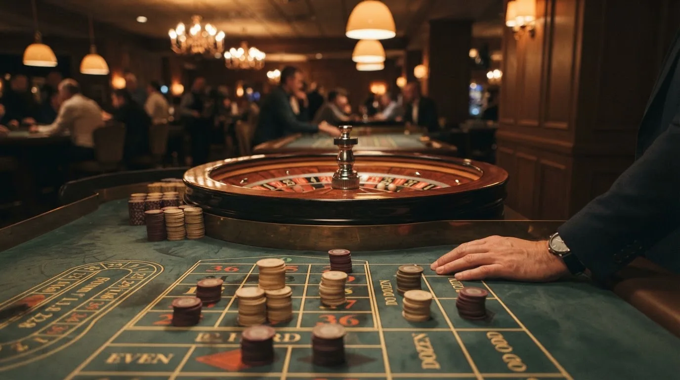 Rulettehjul og sjetonger på grønn filt i varmt kveldslys — beste casinoer med baccarat