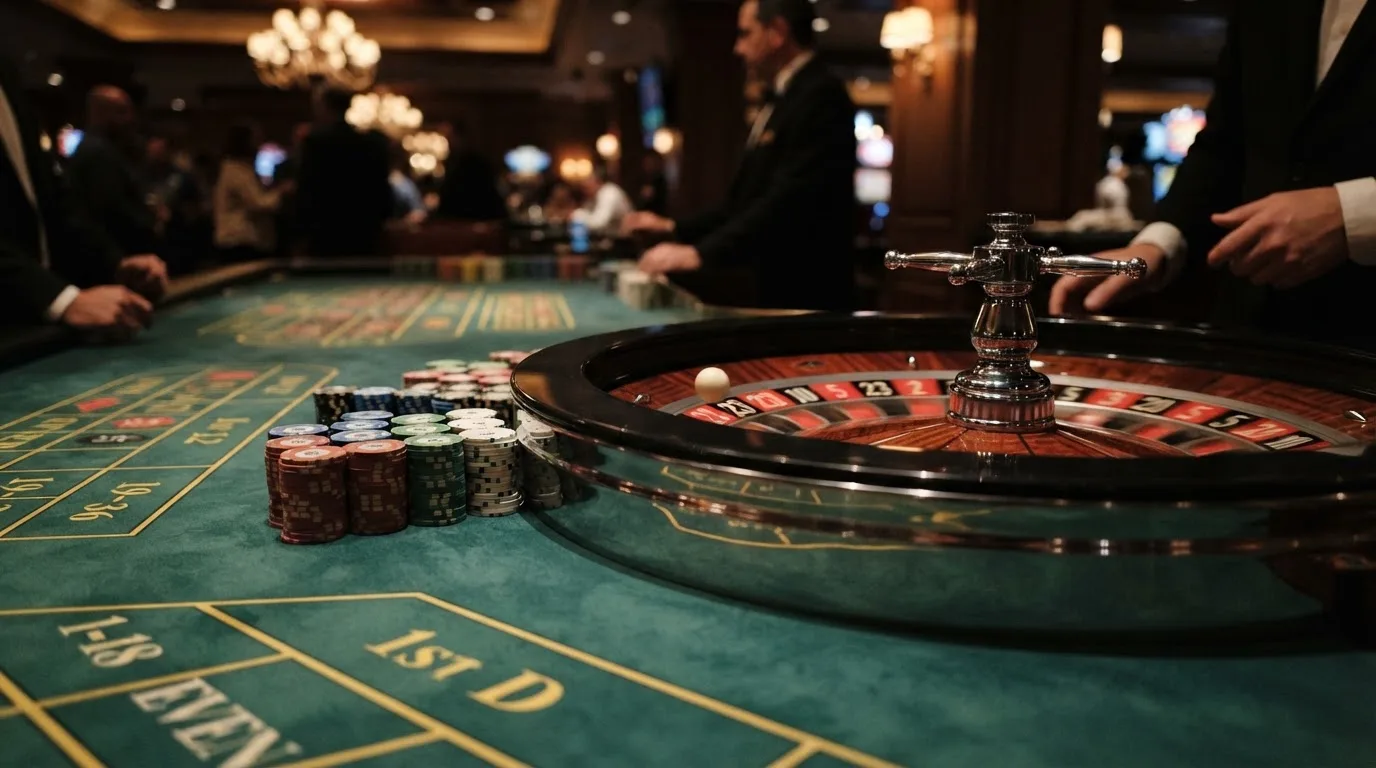 Rulettehjul og sjetonger på grønn filt i varmt kveldslys — beste casinoer med bingo