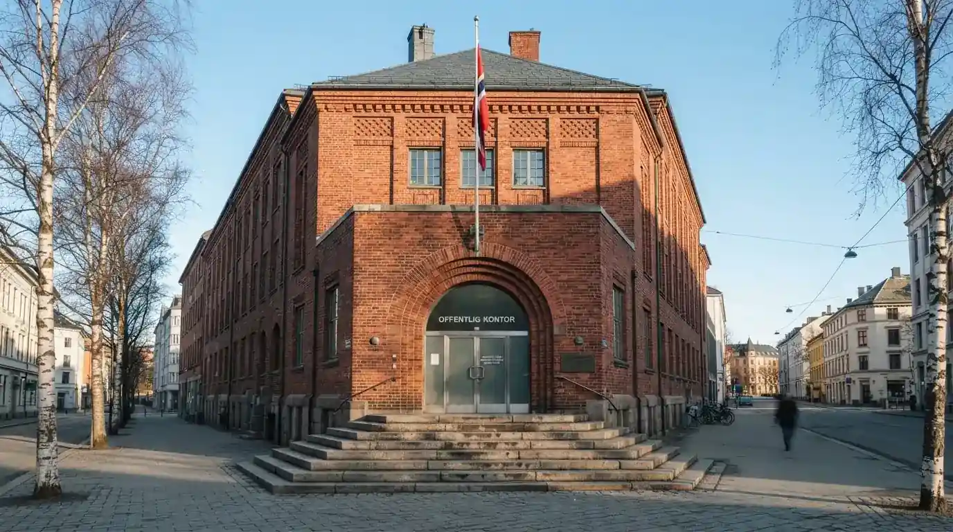 Offentlig kontorbygning i rødt murstein i en norsk by, med et flagg ved inngangen og blå himmel