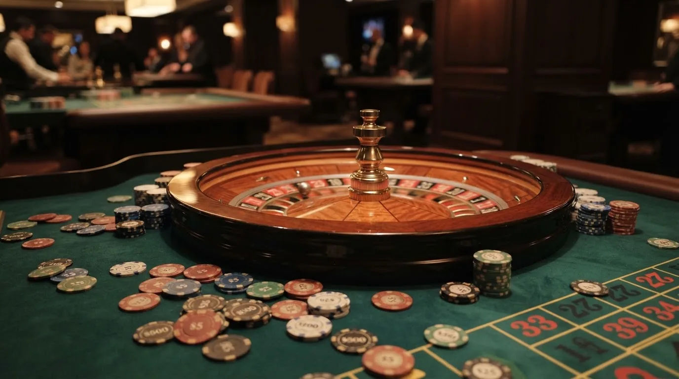 Rulettehjul og sjetonger på grønn filt i varmt kveldslys — beste utenlandske casinoer