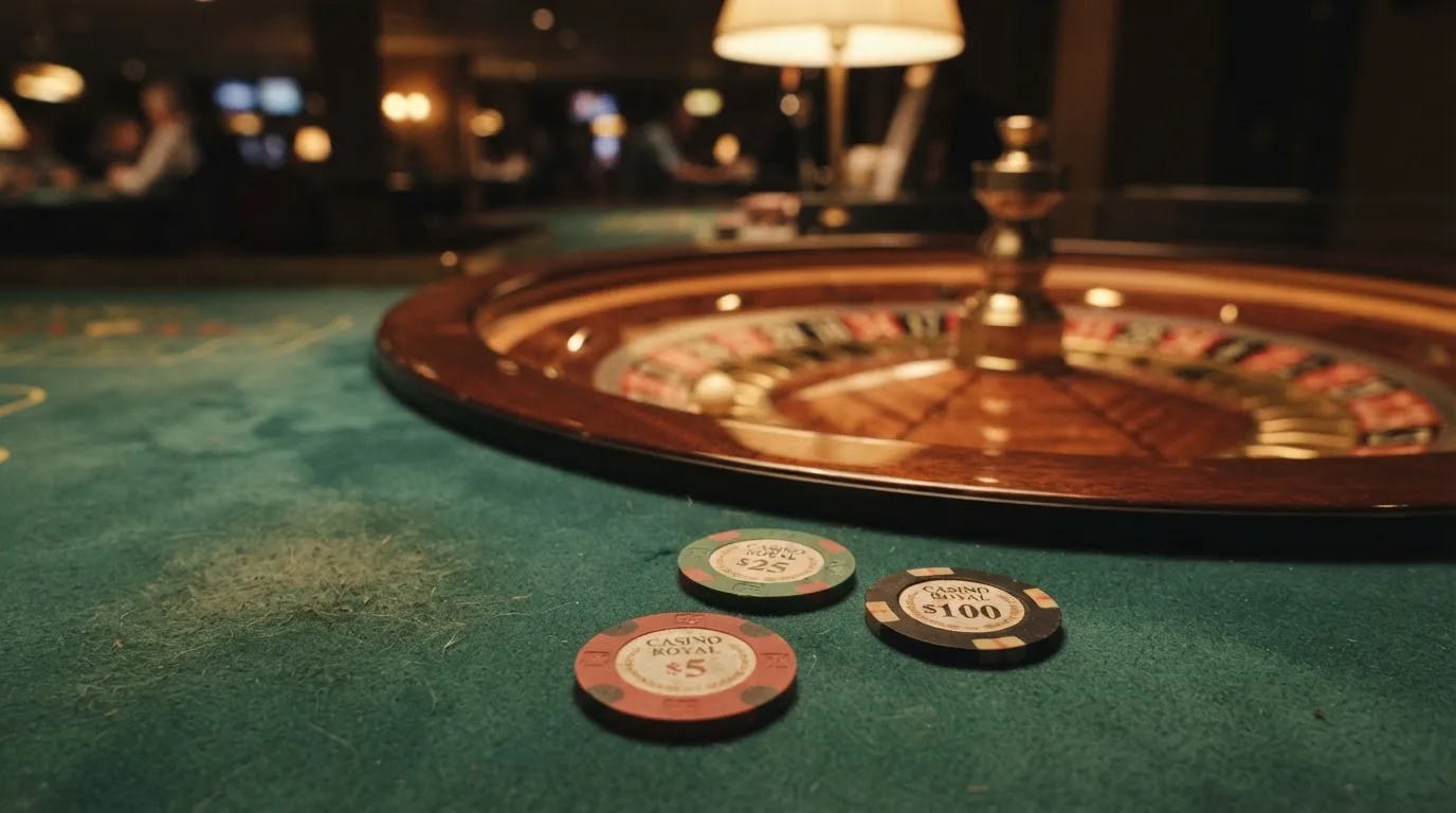 Rulettehjul og sjetonger på grønn filt i varmt kveldslys — bonuser på nettcasino