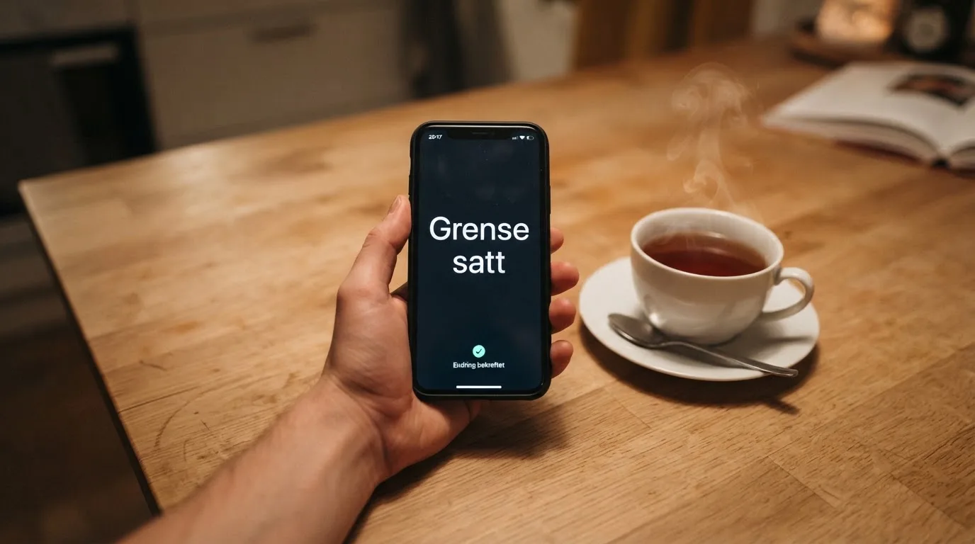 Hånd holder en mobiltelefon ved siden av en kopp te ved et kjøkkenbord en rolig kveld — casino tipping i norge