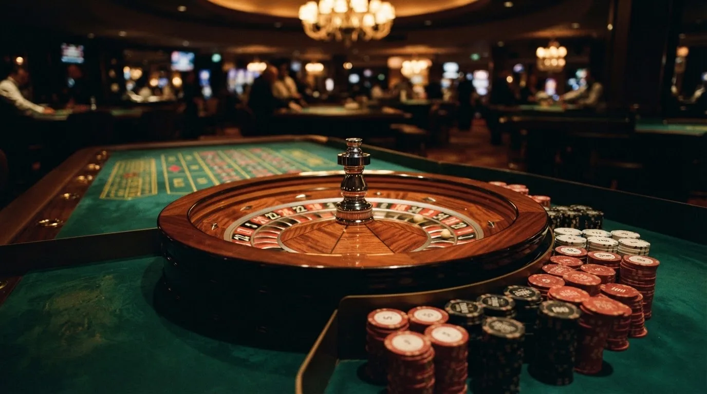 Rulettehjul og sjetonger på grønn filt i varmt kveldslys — casino tipping i norge