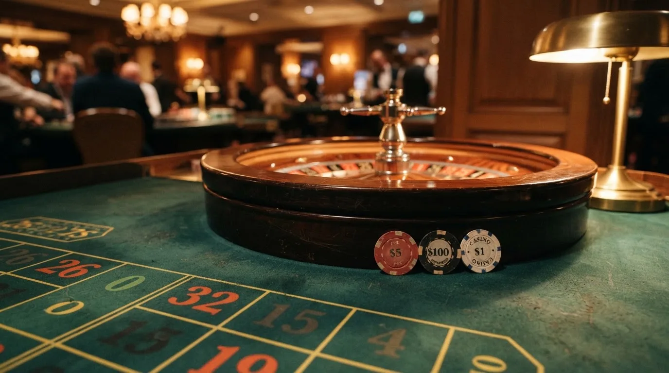 Rulettehjul og sjetonger på grønn filt i varmt kveldslys — casino uten lisens i norge