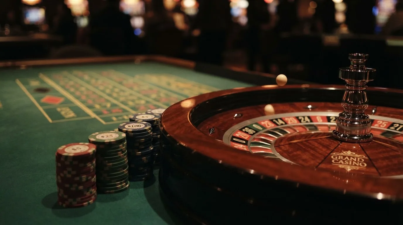 Rulettehjul og sjetonger på grønn filt i varmt kveldslys — casinoer med bitcoin i norge