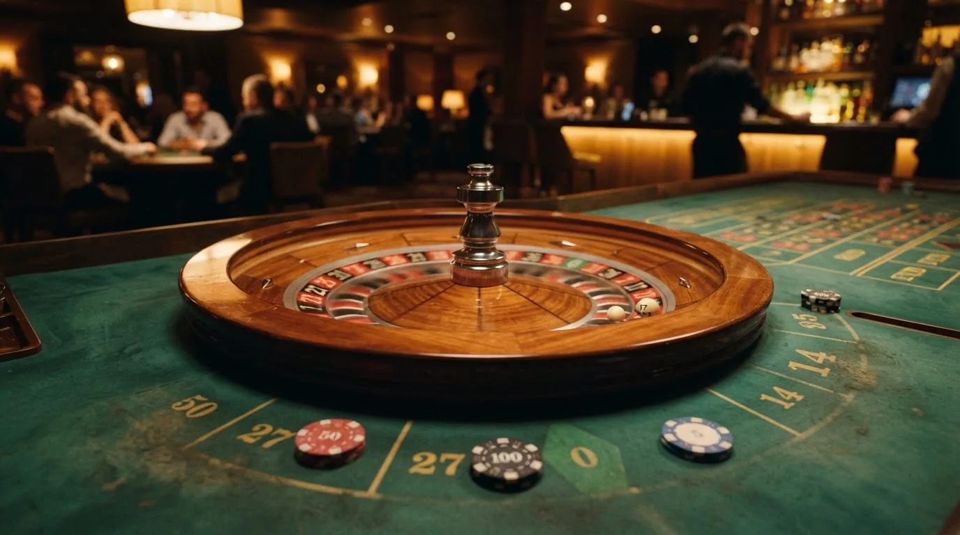 Rulettehjul og sjetonger på grønn filt i varmt kveldslys — casinoer med dogecoin i norge