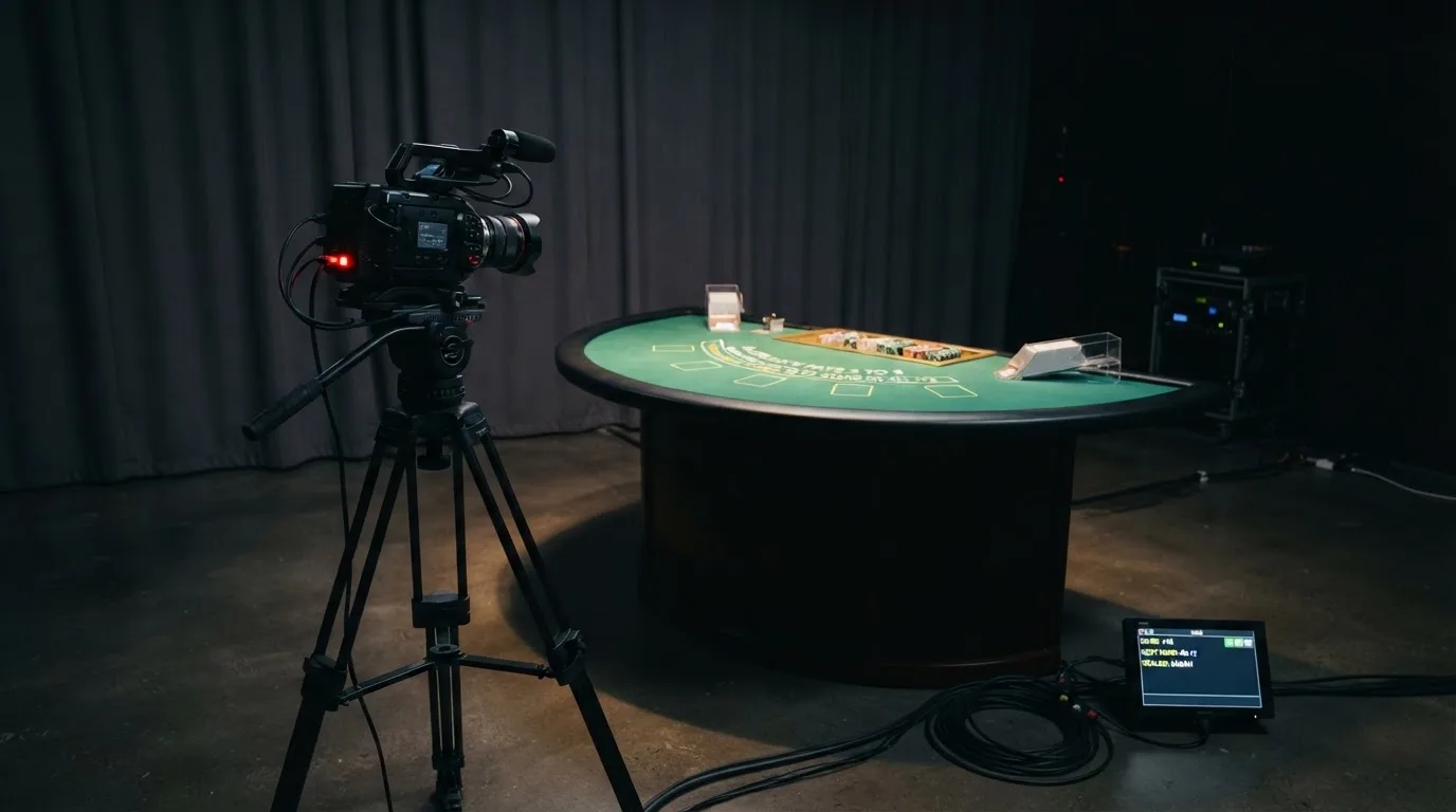 Kamera på stativ i et mørkt studio med mykt spotlys, ingen mennesker i bildet