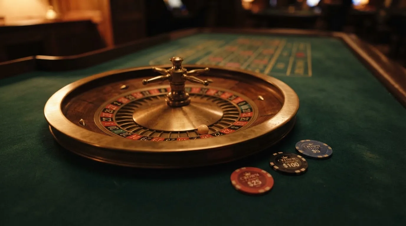 Rulettehjul og sjetonger på grønn filt i varmt kveldslys — live roulette in norway