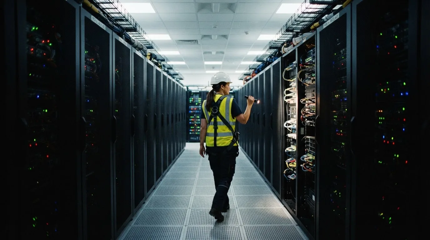 Kvinne i refleksvest og hjelm med lommelykt ser på rader av serverskap i et lyst datarom