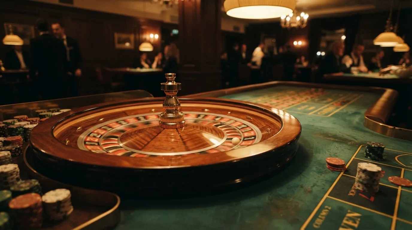 Rulettehjul og sjetonger på grønn filt i varmt kveldslys — norske casinoer på ios